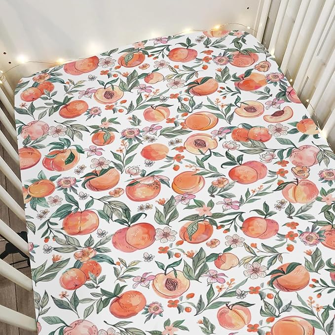Vintage Peaches Baby Crib Sheets for Boy Girl 52x28Inch Retro Peach Flowers Leaves Soft Snug Fitted Crib Mattress Cover Sweet Spring Summer Fruit Nursery Baby Sheet for Crib & Toddler Bed Mattress