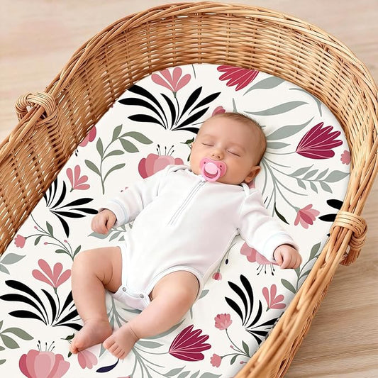 Baby Bassinet Sheets for Baby Boy Girls,4-Pack Fitted Bassinet Sheets Set Compatible with Halo Bassinest Swivel Sleeper,Baby Delight,Angelbliss,32"X16" (Plant World)