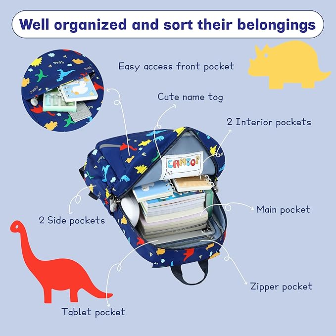 CAMTOP Toddler Backpack for Boys Girls 2-4, Kids Backpacks for Kindergarten Preschool, 12" H Small Bookbag for Daycare Travel (Dinosaur Blue, 12''- Not fit A4 folder)