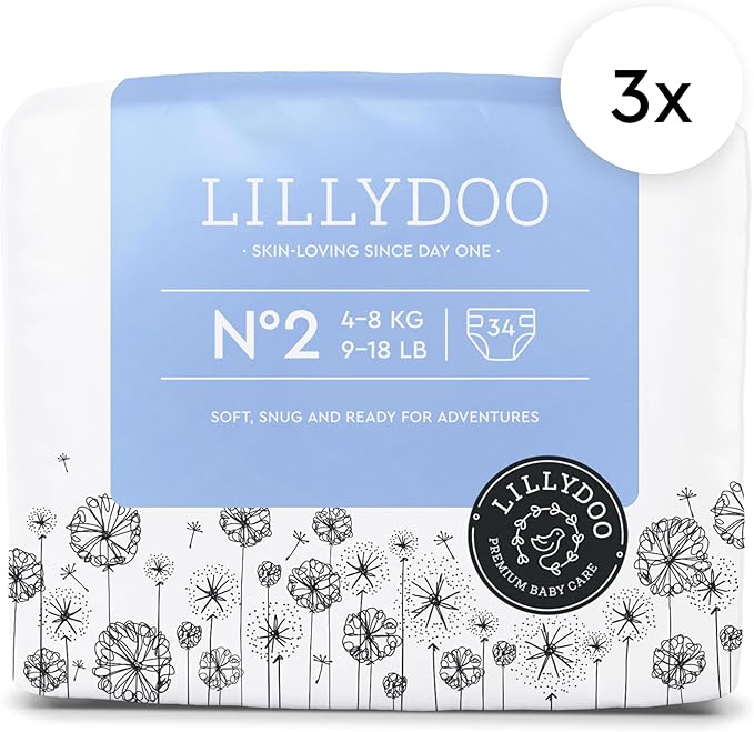 LILLYDOO Baby Diapers - Size 2 (9-18 lbs), Half-Monthly Supply (102 Count), Leak Protection, Skin-Friendly, Ultrasoft, Perfume- & Chlorine-Free, Hypoallergenic, Dermatologist Tested, Oeko-TEX®