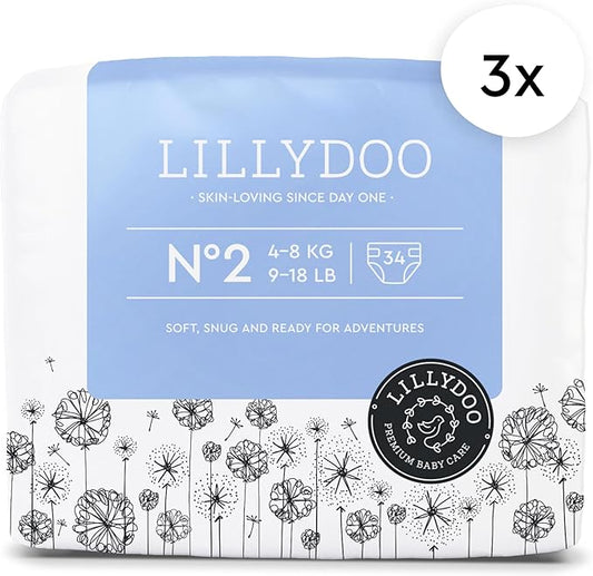LILLYDOO Baby Diapers - Size 2 (9-18 lbs), Half-Monthly Supply (102 Count), Leak Protection, Skin-Friendly, Ultrasoft, Perfume- & Chlorine-Free, Hypoallergenic, Dermatologist Tested, Oeko-TEX®