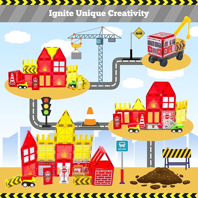 Magnetic Tiles for Kid, 56PCS Construction Magnet Tiles with Fire Truck & Station, Building, Road, Crane, and Car Toys - Educational Travel Magnetic Tiles for Kids Ages 4-8, STEM Toys for 3+ Year Old