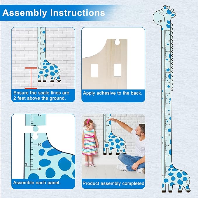 Wooden Growth Chart for Kids,Giraffe Height Chart for Boy Girls,Measuring Board for Kids Height,for Child's Room,Nursery Decor Decoration Wall Art (Blue Giraffe)