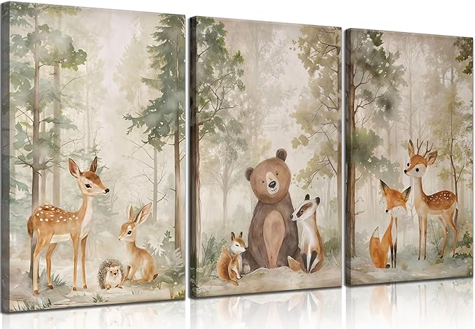 MIZILI 3Pcs Woodland Animal Nursery Canvas wall art Wild Animals Forest Paintings Pictures Wall Decor Fox Bear Deer Watercolor Poster Printing Artwork for Boys Room Girls Room Home Decoration