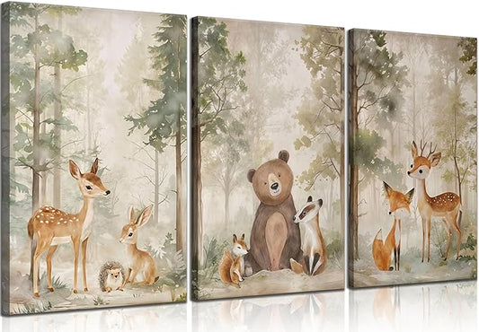 MIZILI 3Pcs Woodland Animal Nursery Canvas wall art Wild Animals Forest Paintings Pictures Wall Decor Fox Bear Deer Watercolor Poster Printing Artwork for Boys Room Girls Room Home Decoration
