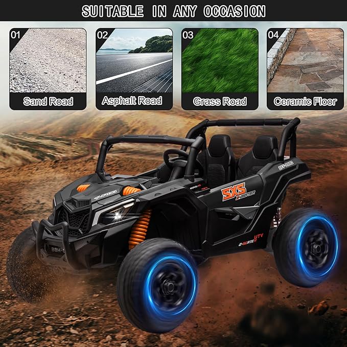 MOLACHI 24V Ride on Toys for Big Kids, 4WD Kid UTV Children Electric Cars with EVA Wheels, 2 Adjustable Seater Kids Remote Control Vehicles, 3 Speeds, LED Lights, 4 Shock Absorbers, Bluetooth-Black