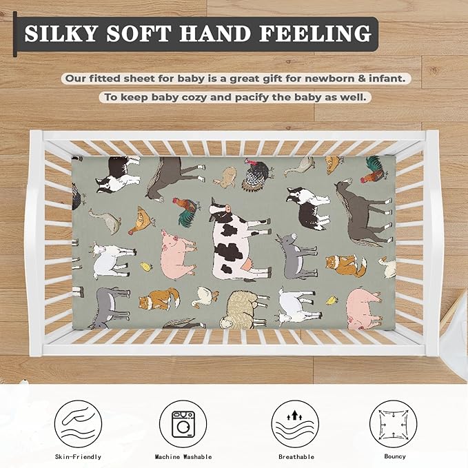 Farm Animals Fitted Crib Sheet for Boys Girls Cow Sheep Rooster Pig Horse Baby Sheet for Standard Crib and Toddler Cute Animal Nursery Bed Mattress Sheets 28"x52"