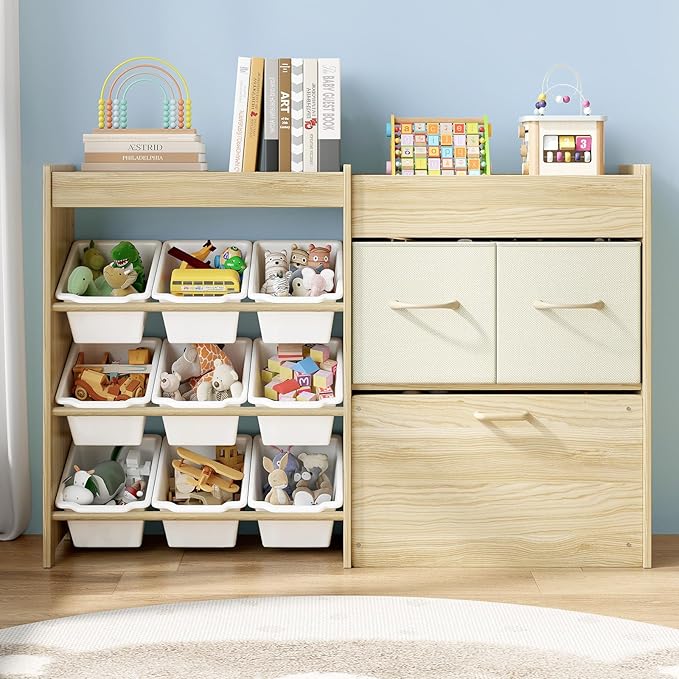 EXPERLAM Toy Storage Organizer for Kids, 9-Bin Toy Organizer with 2-Drawers, Movable Toy Chest and Top Rack, Multifunctional Kids Bookshelf and Toy Storage for Playroom, Bedroom, Nursery, White