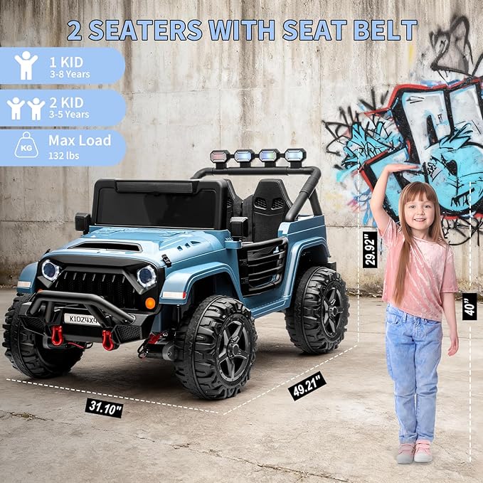 24V Ride on Toys for Big Kids, 2 Seater Ride on Car w/Remote Control, 4x4 Ride-on Truck with 4 Motors, 3 Speeds Adjustable, 4 LED Lights, Bluetooth & Music, Electric Car for Kids Toddlers 3-8, Blue