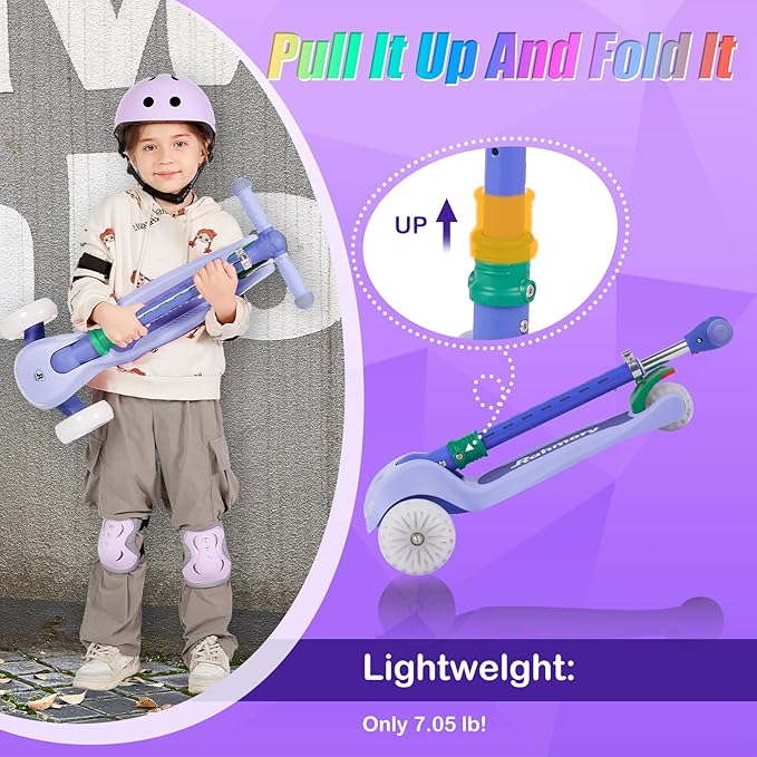 Light-Up Scooter for Kids 3-8,20 Dynamic Light Patterns for Evening Play Safety - Lean-to-Steer Kick Scooter with Adjustable Handlebar (Grows with Child) - Gift for Boys & Girls