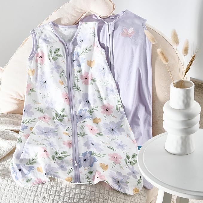 TILLYOU 2 Pack Infant Sleep Sack 0-6 Months 100% Cotton Wearable Blanket 0.5 TOG Sleeveless Summer Sleep Sacks with 2-Way Zipper, Brilliant Little Flowers and Purple