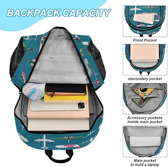Jucciaco Airplane Plane and Aircraft Backpack with Lunch Bag, School Travel Backpack for Teens Boys Girls Kids Backpacks Set