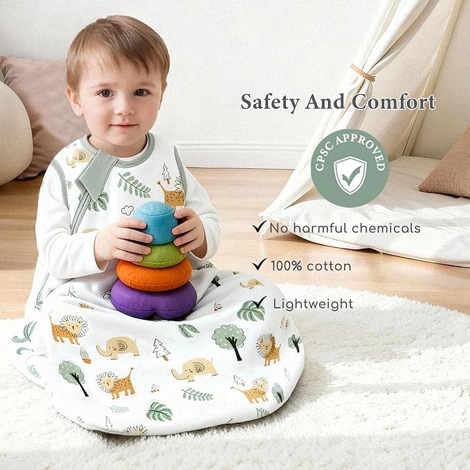 Baby Sleep Sack 6-12 Months 1.0 TOG, 100% Cotton Baby Wearable Blanket with 2-Way Zipper, Infant Toddler Sleeping Sack for Newborn Boys and Girls, Green & Lion