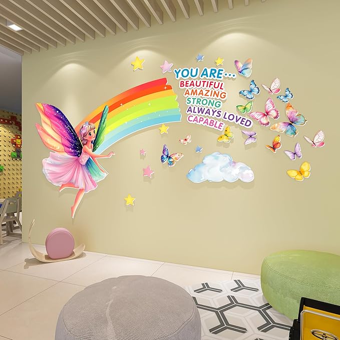 3D Fairy Wall Stickers for Girls Room Decor Wall Decals Peel and Stick for Girls Bedroom Large Pink Decor for Nursery Toddler Inspirational Princess Art Pictures Kids Murals Wallpaper