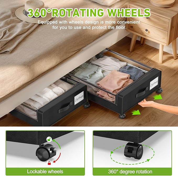 Molutsody Under Bed Storage with Wheels, 4-Pack Underbed Storage Containers with Clear Lids, Under Bed Shoe Storage Organizer, Rolling Under Bed Storage for Clothes Shoes Blankets (Black)