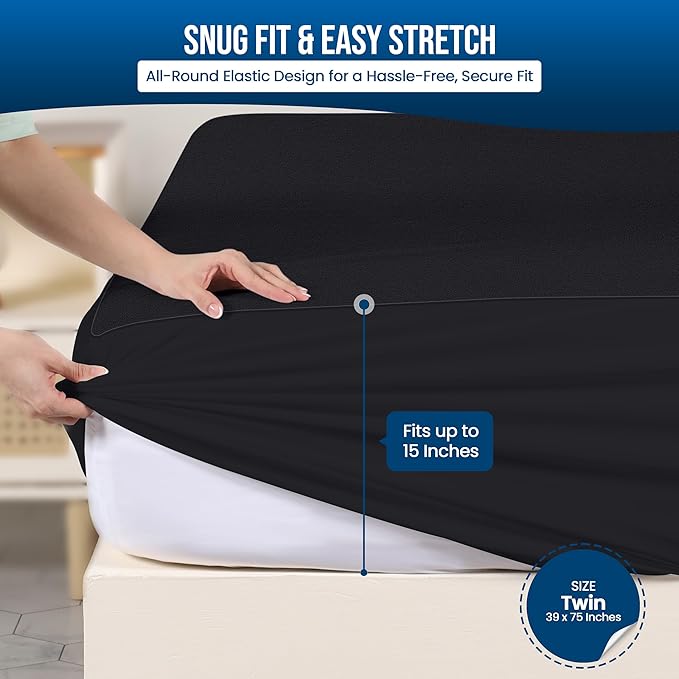 Utopia Bedding Waterproof Mattress Protector Twin Size, Premium 200 GSM Terry Mattress Cover, Soft & Breathable Bed Cover, Fitted Sheet Style with Stretchable Deep Pockets 15" (Black)