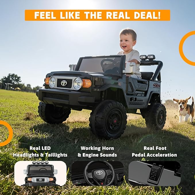 24V Ride on Toys for Kids, Licensed Toyota FJ, 2 Seater Ride on Car with Remote Control, Electric Car w/ 4-Wheeler Suspension, Led Light, Music, USB, Electric Vehicle for Age 3-8, Black