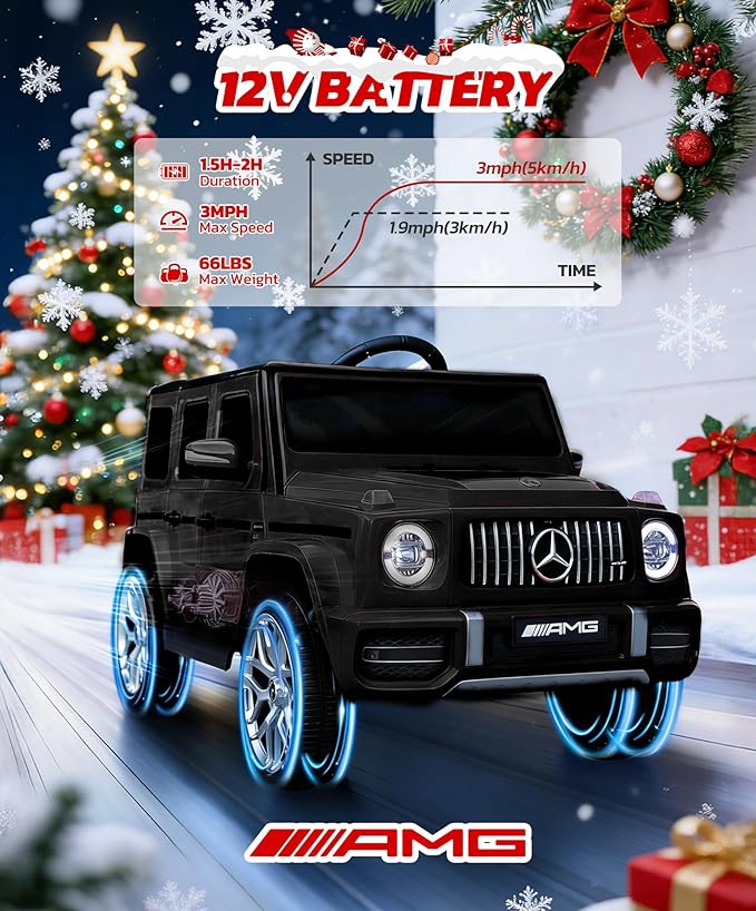 ELEMARA Licensed Mercedes-Benz AMG G63 Ride on Toys,12V Ride on Car with Remote Control,Rechargeable Battery,Flickering Lights/LED Lights, Bluetooth,Music & Horn, Soft Start, Low Battery Prompt,Black