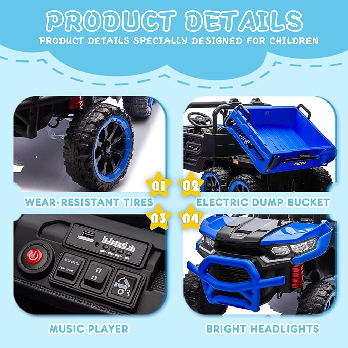 24V 2 Seater 4WD 6x6 Ride On Dump Truck with Remote Control, Ride on Toys for Big Kids with 20inch Seat, 3 Speeds, 4X100 Motors, Music, Ride on Truck for Toddler Boys Girls, Blue