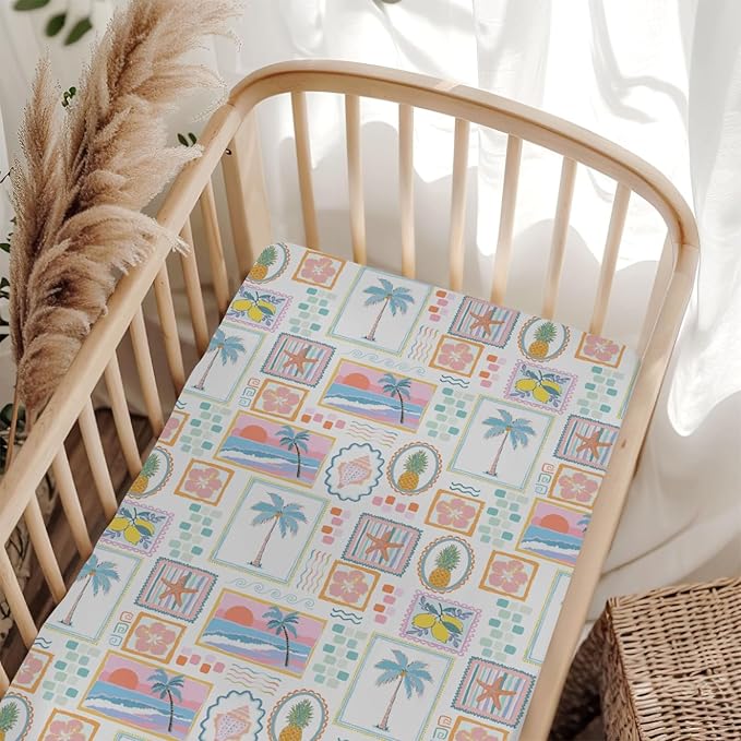 Colorful Beach Patchwork Baby Crib Sheets for Girl 52x28 Bright Summer Seashells Girly Soft Snug Fitted Crib Mattress Cover Pineapple Lemon Palm Starfish Baby Sheet for Crib & Toddler Bed Mattresses