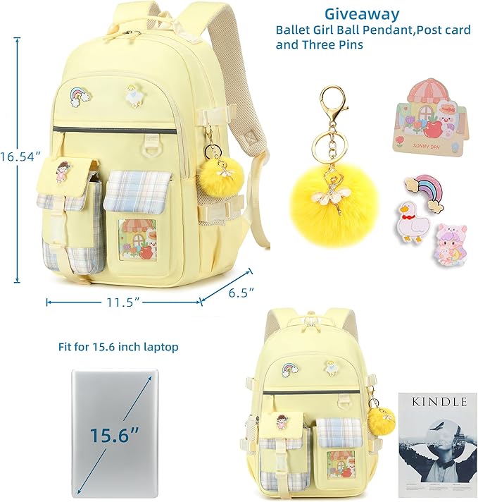 KIDNUO Backpack for Girls, 15.6 Inch Laptop School Bag Kids Kindergarten Elementary College Backpacks Large Bookbags for Teen Girl Women Students Casual Travel Daypacks (Yellow)