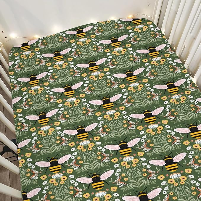 Bee Honey Garden Green Baby Crib Sheets for Boy Girl 52"x28" Boho Floral Bees Honey Butterflies Soft Snug Fitted Crib Mattress Covers Spring Summer Baby Sheet for Standard Crib & Toddler Bed Mattress