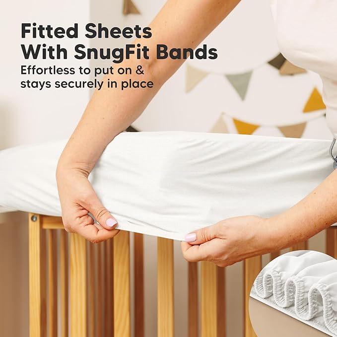 2-Pack Waterproof Crib Mattress Protector Cover Fitted - Quiet Baby Crib Mattress Pad Sheets, 52" x 28" Soft Quilted Cotton Baby Sheet, Machine Washable, Easy Fit, Durable (Soft White/Mavy)