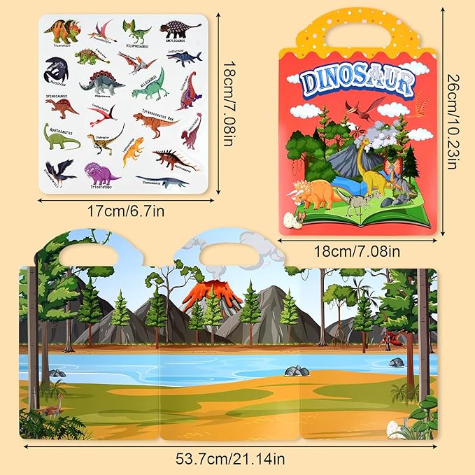 ASTARON 3 Pack Reusable Jelly Sticker Books for Kids, Cute Waterproof Dinosaurs Animals Vehicles Stickers, Portable Travel Toys and Educational Sensory Learning Toys (3-6 Age)