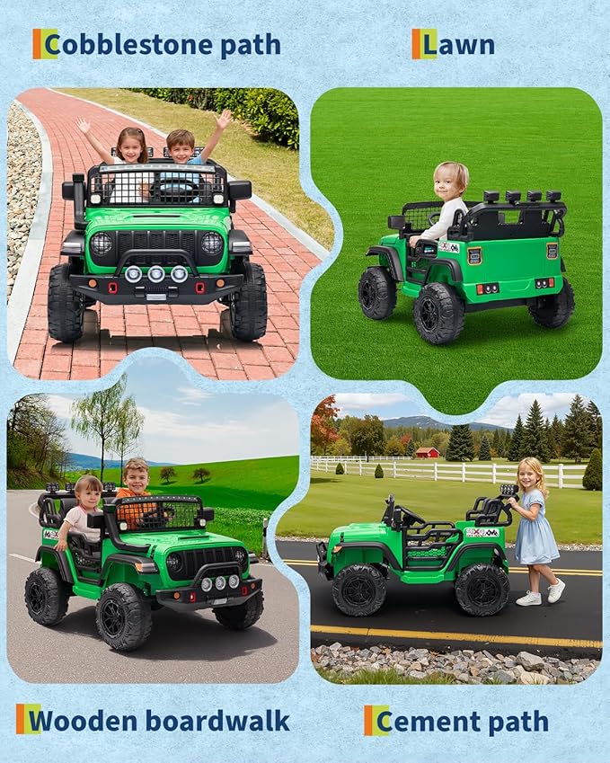 2 Seats 24V Kids Electric Ride on Car with Remote Control, 20" Large Seat with 2 Safety Belts, Two 200W Battery Powered Electric Vehicle for 3+ Years, LED Light,Music,Horn,USB Port, Riding Toy,Green