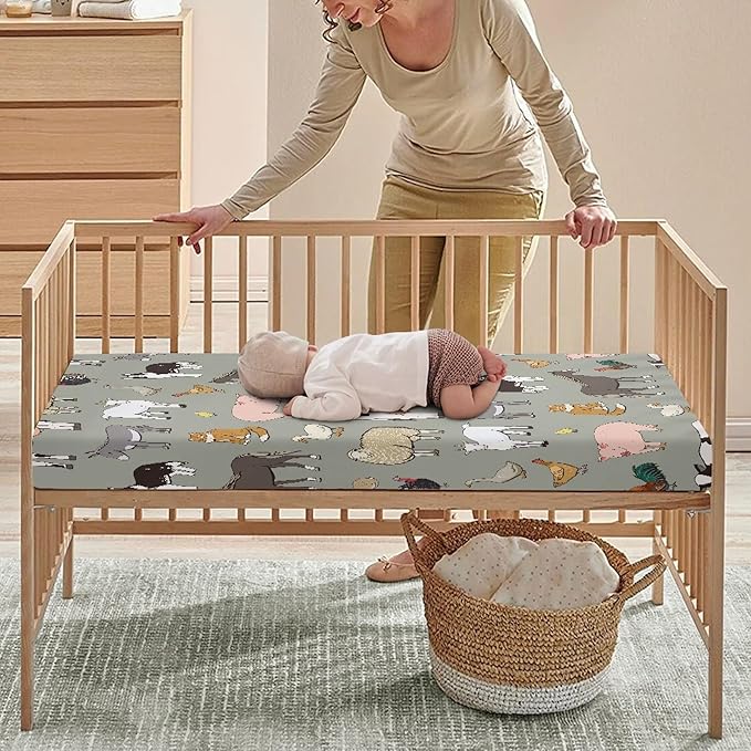 Farm Animals Fitted Crib Sheet for Boys Girls Cow Sheep Rooster Pig Horse Baby Sheet for Standard Crib and Toddler Cute Animal Nursery Bed Mattress Sheets 28"x52"