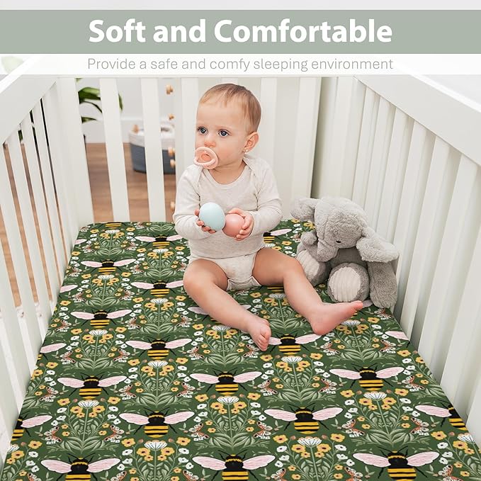 Bee Honey Garden Green Baby Crib Sheets for Boy Girl 52"x28" Boho Floral Bees Honey Butterflies Soft Snug Fitted Crib Mattress Covers Spring Summer Baby Sheet for Standard Crib & Toddler Bed Mattress