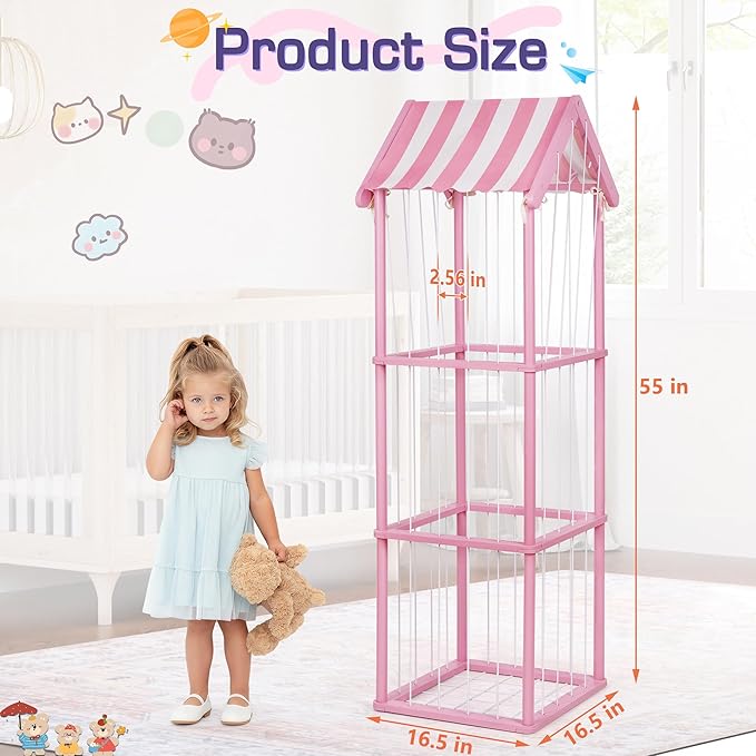 Edudif Stuffed Animal Storage, Space Saving Vertical Stuffed Animal Holder Wood, Easy Assembly Cottage-Style Plush Toys Organizer for Kids Bedroom & Playroom (Pink, Large)