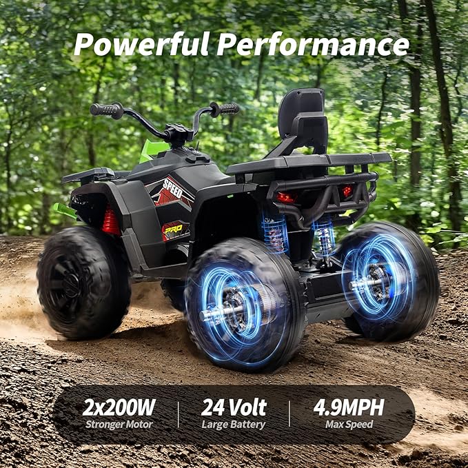 Kids ATV 4 Wheeler, 24V Ride On Toys Car for Big Kids with 400W Motor, 2 Seater - Green
