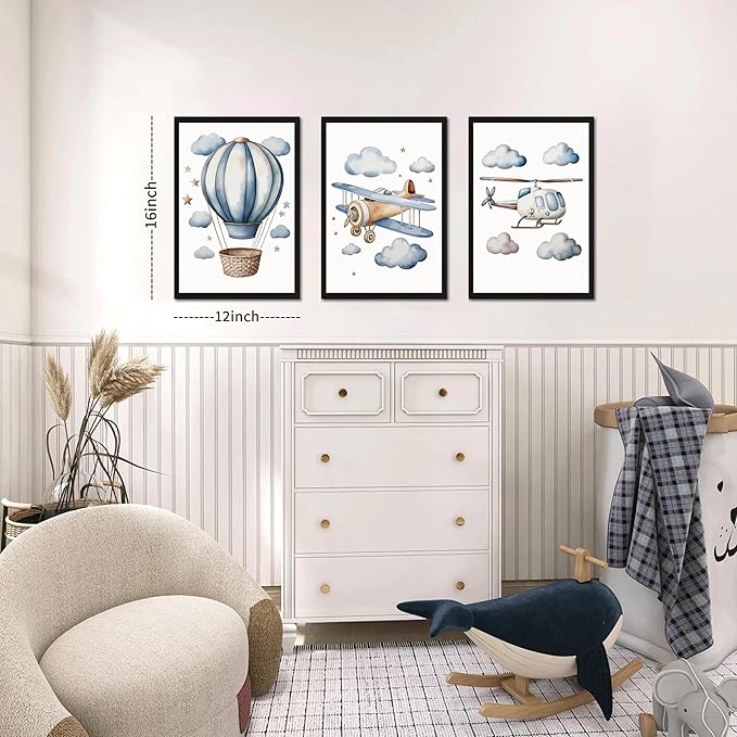 Baby Boy Nursery Wall Art Set of 3, Vintage Blue Travel Boys Room Wall Decor Paintings, Toddler Hot Air Balloon Plane Helicopter Posters Prints Pictures for Kids Room Bedroom 12x16 Inch Wood Framed
