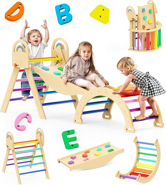 Pikler Triangle Set, 9-in-1 Montessori Climbing Toy for Toddlers, Foldable Wooden Indoor Jungle Gym & Playground Climber for Learning and Motor Skills (18 Months–7 Years)