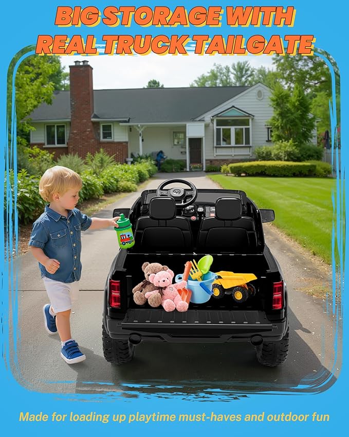 ENYOPRO 24V Ride on Toys for Big Kids, Licensed RAM 1500 RHO 2 Seater Toddlers Ride on Car w/Remote Control, Kids Electric Car w/Truck Bed Storage, Real Tailgate, Music, LED Lights (Black - High Door)