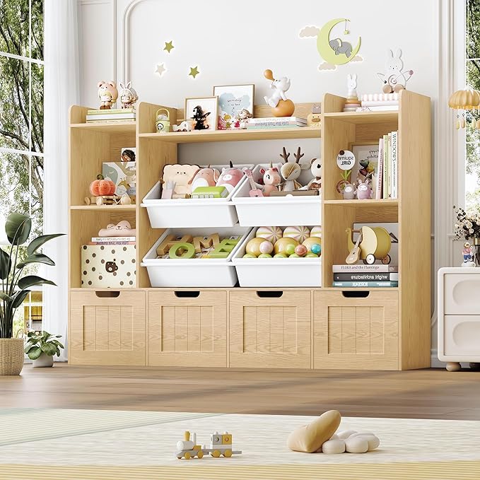 LULUBEAR Toy Storage Organizer, Toy Organizer with 4 Movable Drawers and 4 Box Bins, Kids Playroom Storage Organization with Hidden Wheels for Living Room, Kids Room, Natural