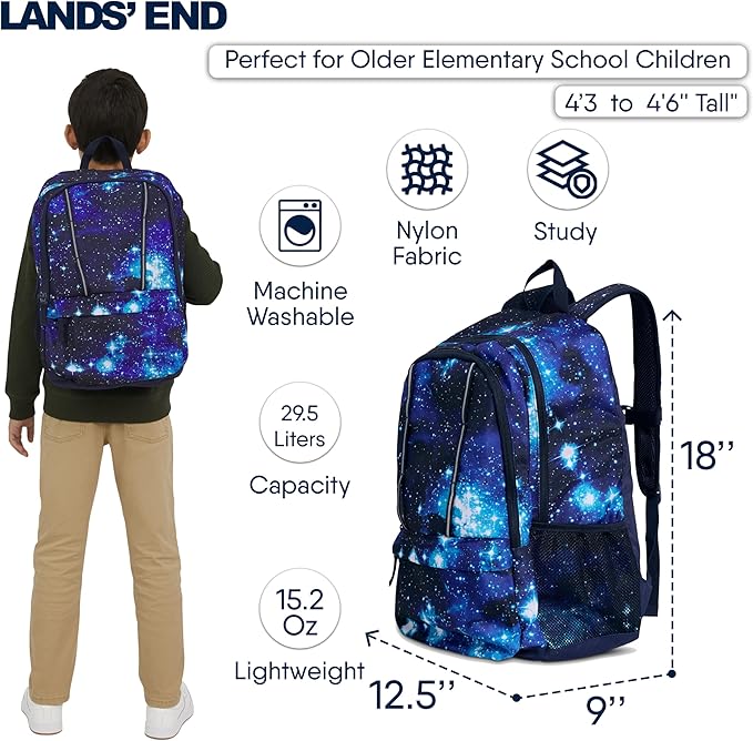 Lands' End Unisex Kids Large ClassMate Lightweight Durable Elementary School Backpack, Pro Star Navy