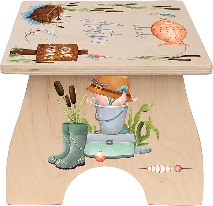 Fishing Step Stool for Toddlers- Personalized Wood Kids Step Stool with Name for Kitchen Sink, Bathroom, Potty Training, Toilet, Kitchen Sink- Sturdy and Safe- Made in USA by BloomOwl (Gone Fishing)
