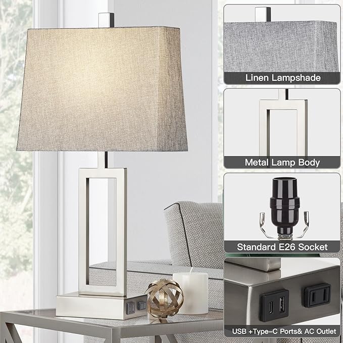 Lolikit 23.5" Touch Control Table Lamps, Metal Bedside Lamp for Bedroom Set of 2 with USB A+C Ports & AC Outlet, 3-Way Dimmable Nightstand Lamp for Living Room (LED Bulb Included)