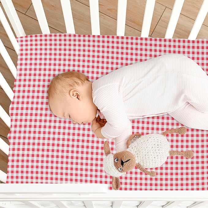 Fitted Crib Sheets for Boys Girls, Red and White Plaid Soft Breathable Mattress Cover for Standard Crib & Toddler Bed Mattress, 52 * 28 in.