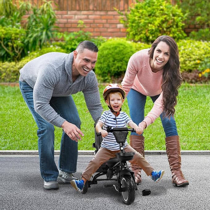 Folding Kids Tricycle, 8 in 1 Baby Trike W/Removable & Adjustable Canopy, Parent Handle, 5-Piont Safety Harness, Toddler Bike Stroller for Kids 1-6 Years, EVA Wheels, Storage Basket, Black