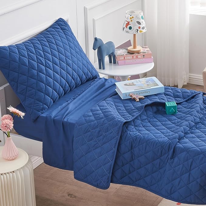 Wowelife Toddler Bed Set Blue, 4 PCS Toddler Bedding Sets for Boys and Girls, Premium Lightweight Soft Crib Comforter Set, Includes Quilted Comforter, Fitted Sheet, Flat Top Sheet and Pillowcase