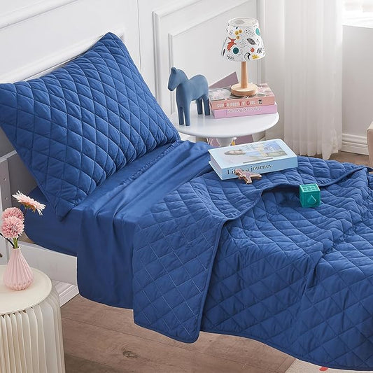 Wowelife Toddler Bed Set Blue, 4 PCS Toddler Bedding Sets for Boys and Girls, Premium Lightweight Soft Crib Comforter Set, Includes Quilted Comforter, Fitted Sheet, Flat Top Sheet and Pillowcase