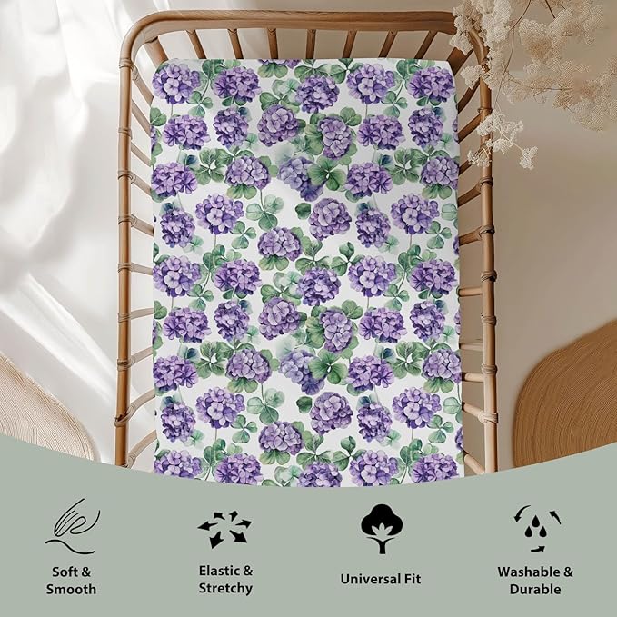 Purple Wildflowers Watercolor Baby Crib Sheets for Boy Girl 28"x52" Retro Hydrangea Floral Leaves Soft Snug Fitted Crib Mattress Cover Spring Garden Baby Sheet for Standard Crib & Toddler Mattress