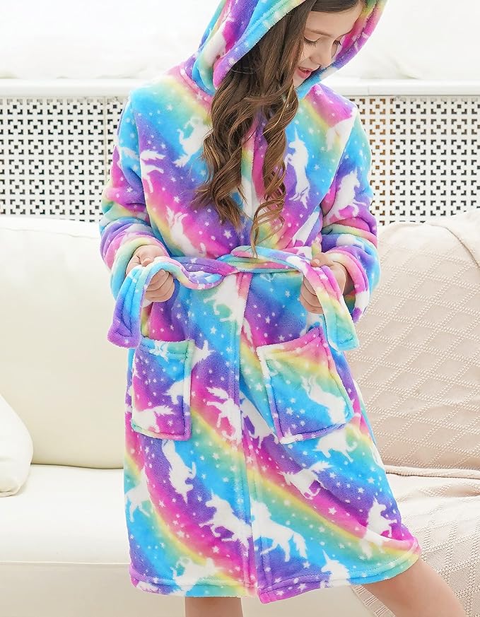 Doctor Unicorn Soft Hooded Rainbow Bathrobe Sleepwear for Girls