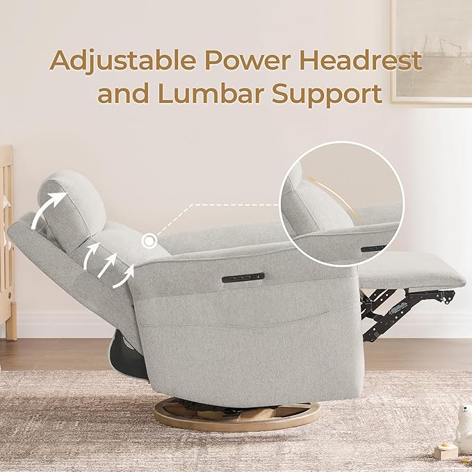 CHITA Power Recliner Chair, Electric Triple-Motor Swivel Glider Nursery Rocking Chair with Adjustable Power Headrest and Lumbar Support, Solid Wood Base, Crockery Grey