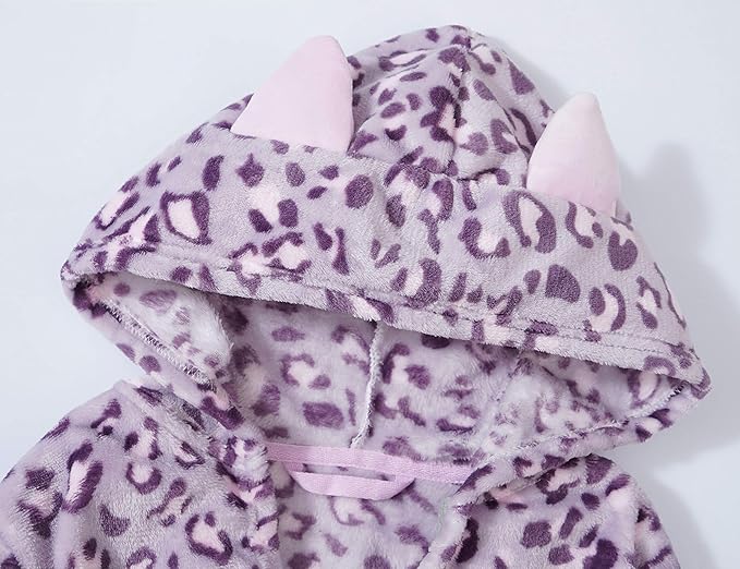 Topgal Leopard Cat Robe for Girls Fleece Toddler Kids Teen Hooded Bathrobe Size 4T-18