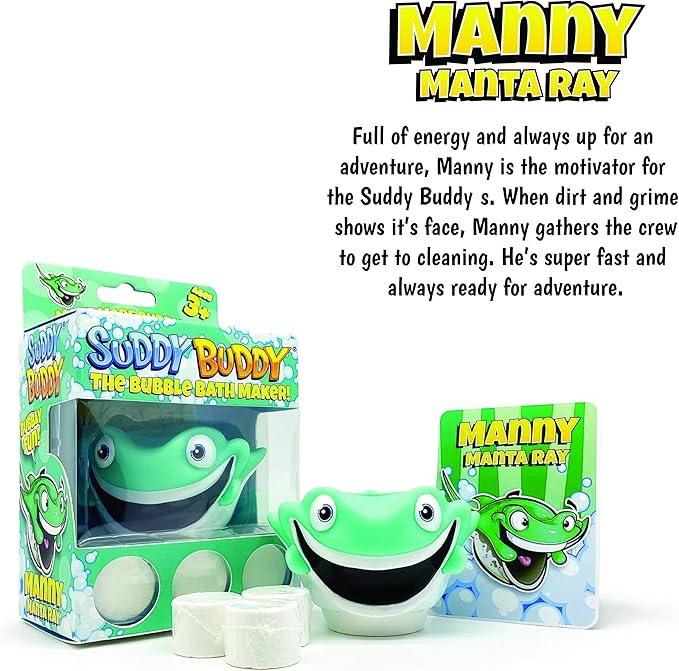 Suddy Buddy® Bubble Bath Toy, Kids Ages 3+, Boys and Girls, Safe & Clean, Collect All Four. Includes: 1 Character Bubble soap Dispenser, 1 Trading Card, and 3 Super Bubble Drops. Manta Ray