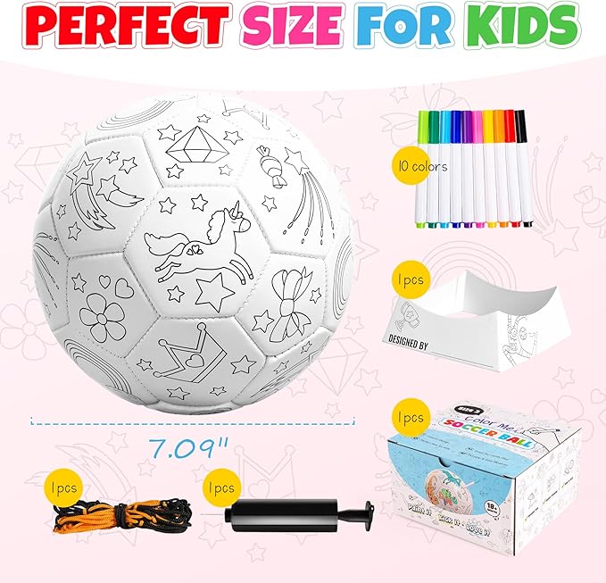 EVERICH TOY Paint Your Own Soccer Ball with Markers, Toddler Arts and Crafts Kits Soccer Gifts for Girls Boys, Size 3 Unicorn Toys Coloring Custom Soccer Ball Birthday Gifts for Kids 3 4 5 6-8 8-12